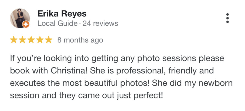 Newborn portrait photographer in Phoenix, Arizona. Five star review. "If you are looking into getting any photo sessions please book with Christina!"